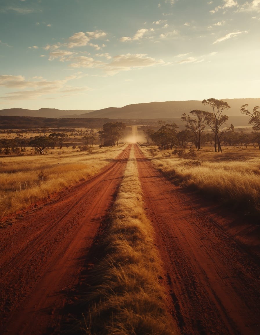 Australian Red Dirt Track and Country Ridge Sunset